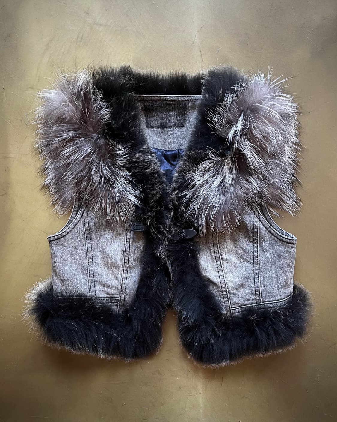 JPN Vintage Fox Fur Trim Gray Denim Vest 상품이미지3