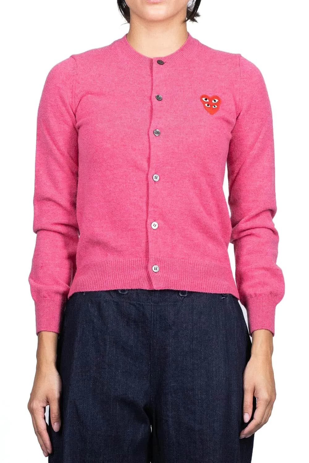 꼼데가르송 더블하트 핑크 가디건 (표기L) 실측  55반 상품이미지1