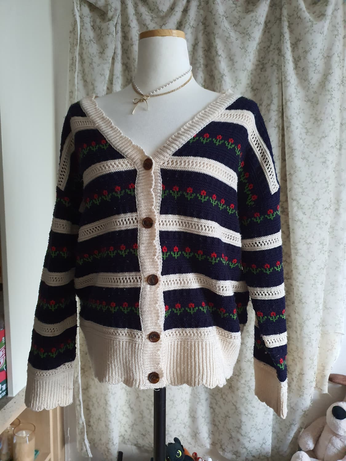 [모리걸] 플라워 패턴 스트라이프 니트 가디건 상품이미지1