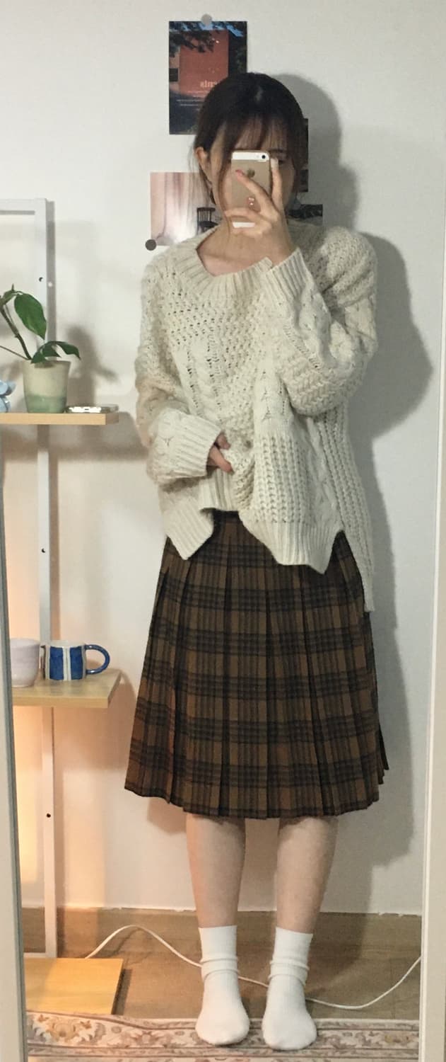 브라운 체크 울 플리츠 스커트 상품이미지3