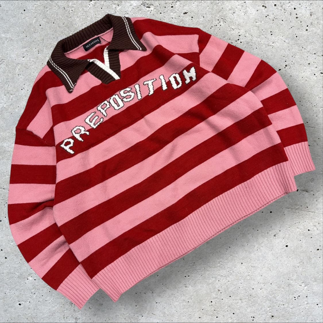 HEXAGON6 스트라이프 카라 니트 핑크 레드 C193 상품이미지1