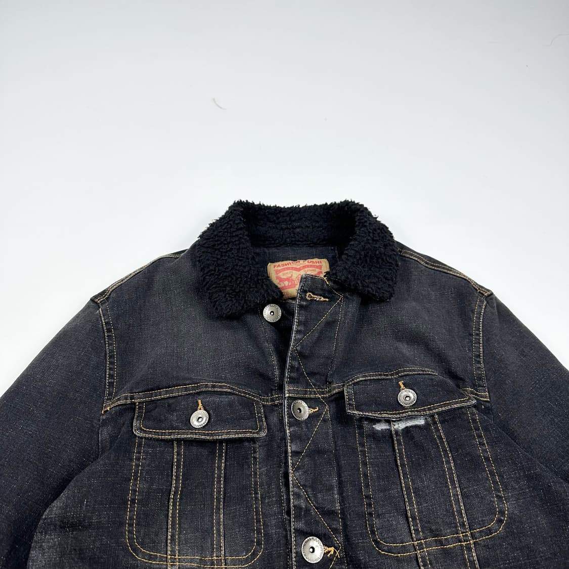 VTG 빈티지 흑청 양털 데미지 트러커 데님자켓 (실측 L) 상품이미지1