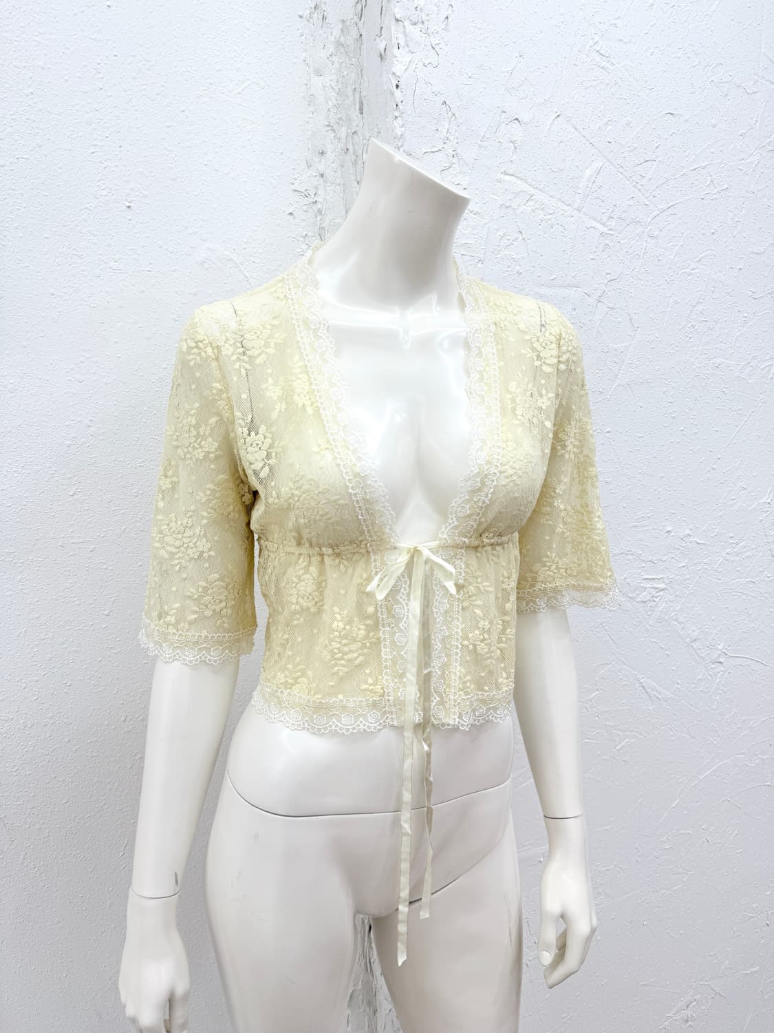 빈티지 옐로우 레이스 리본 레이어드 가디건 상품이미지1