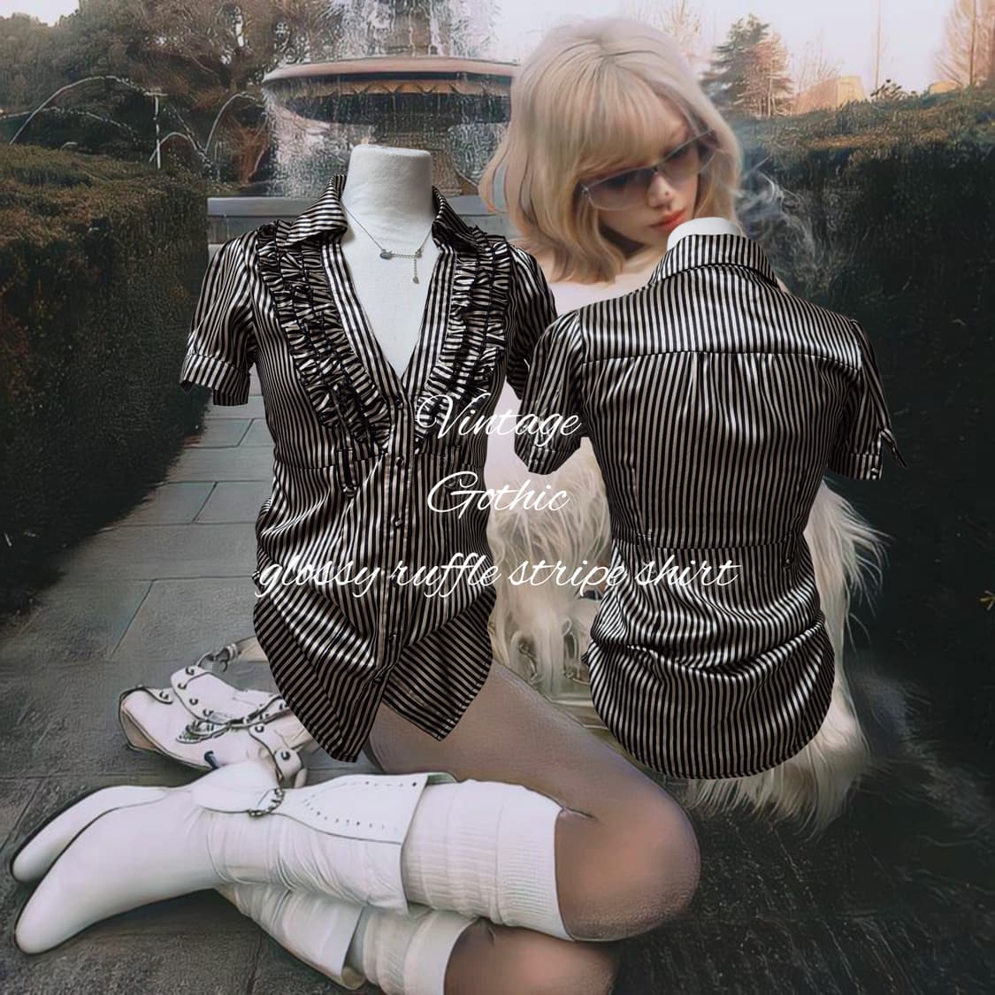 Vintage Gothic glossy ruffle stripe shir 상품이미지1