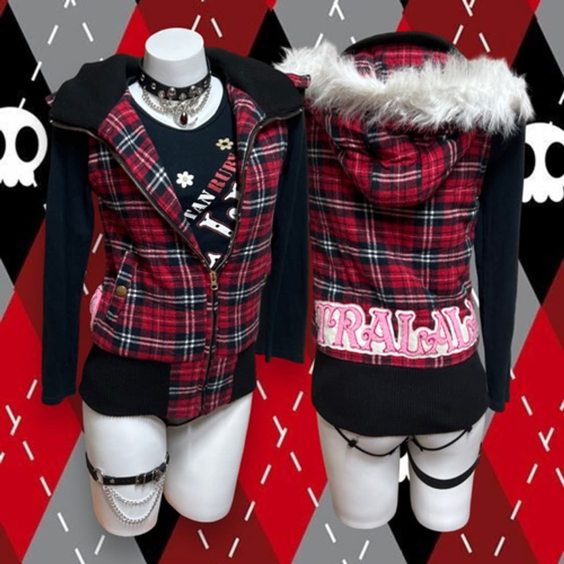 Tralala red check white fur vest 상품이미지1