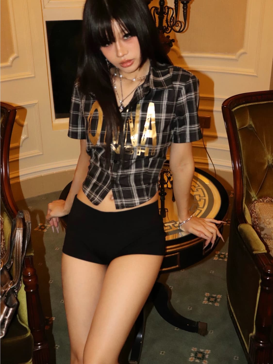 ONNASENSHI 체크 크롭셔츠 오네갸루 빈티지 베이비메탈클럽 상품이미지1