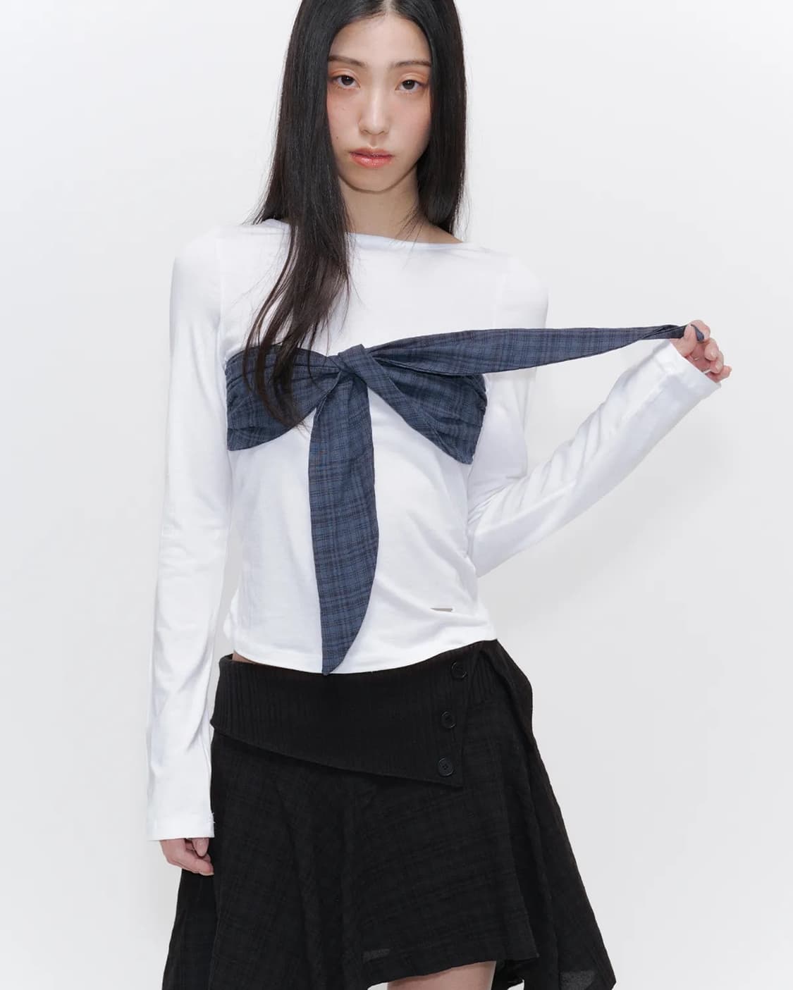 [1] 미세키 서울 체크 타이 롱슬리브 화이트  상품이미지2
