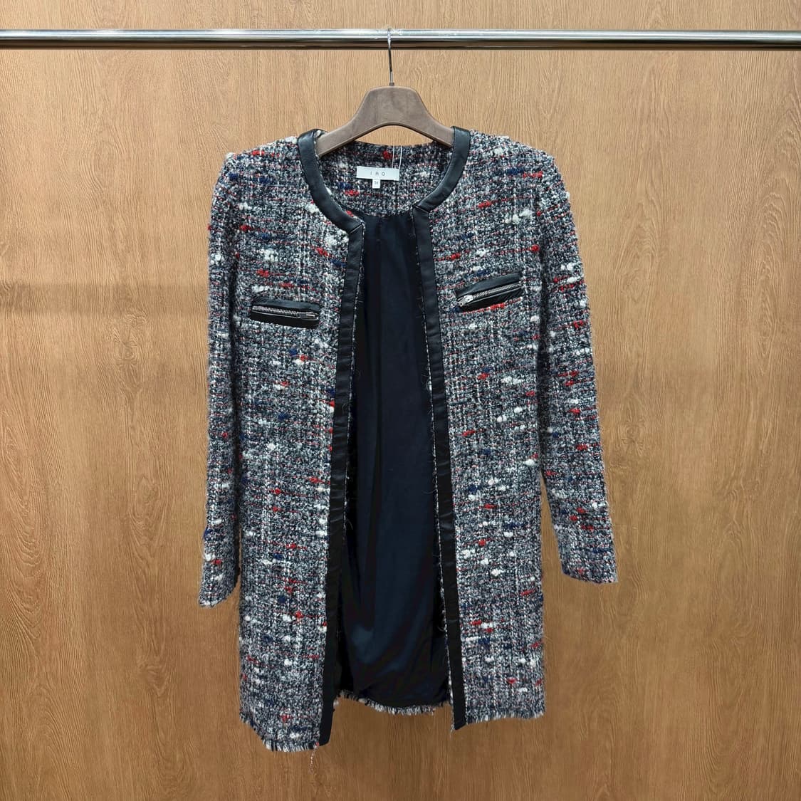 이로 긴팔 오픈 롱 트위드 자켓 레더 트리밍 지퍼 포켓 디테일 그레이 상품이미지2