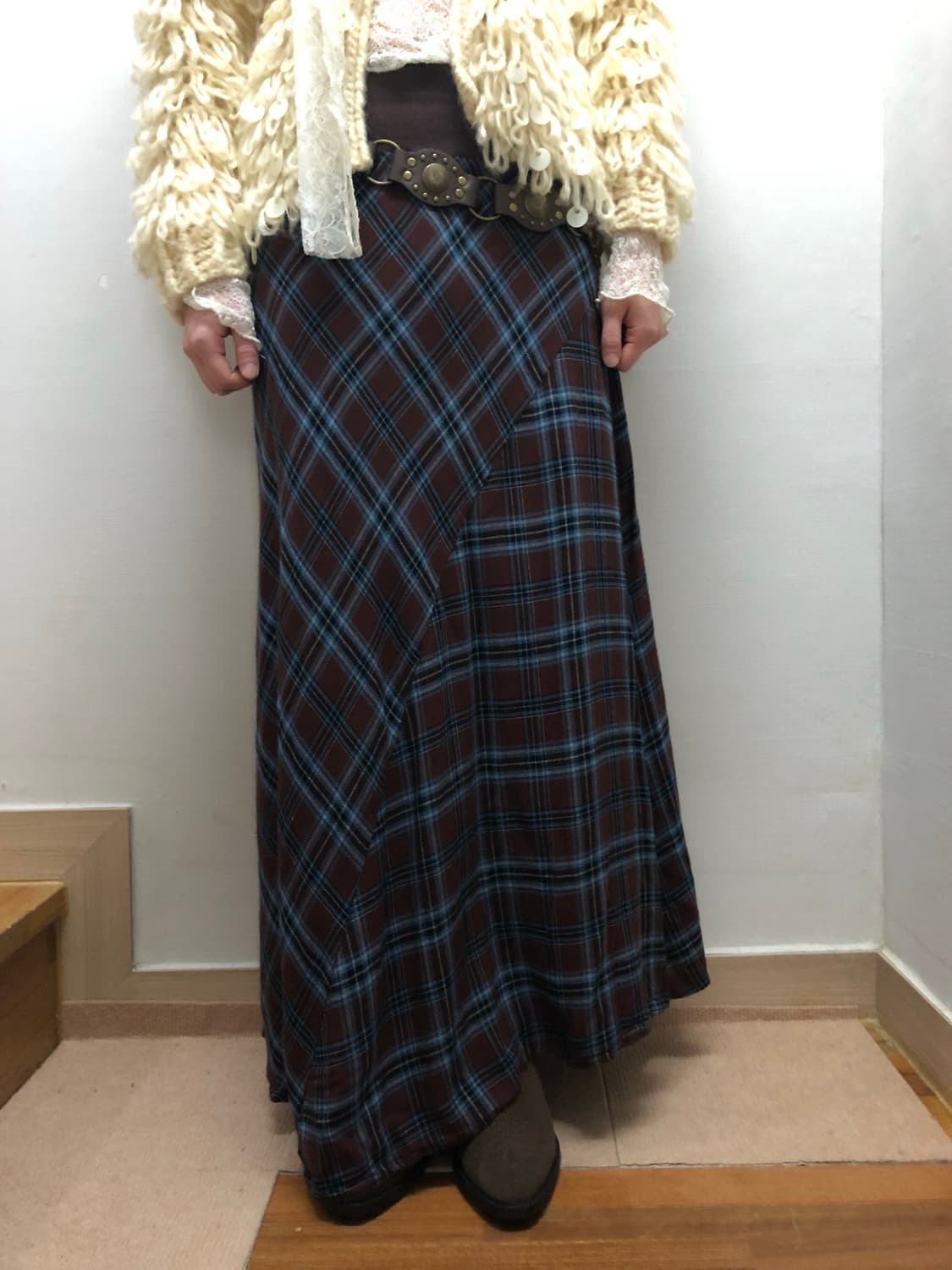 빈티지 다크브라운 체크 롱 스커트 상품이미지2