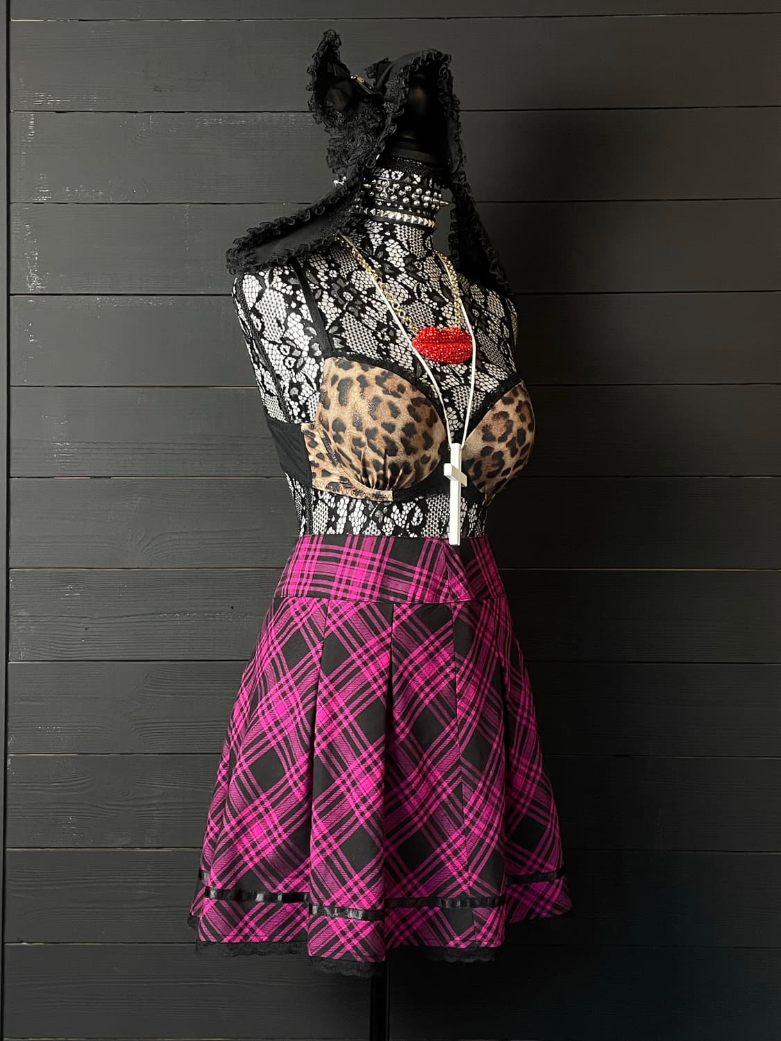 JPN 갸루 핫핑크 체크 패턴 스커트 치마 상품이미지3