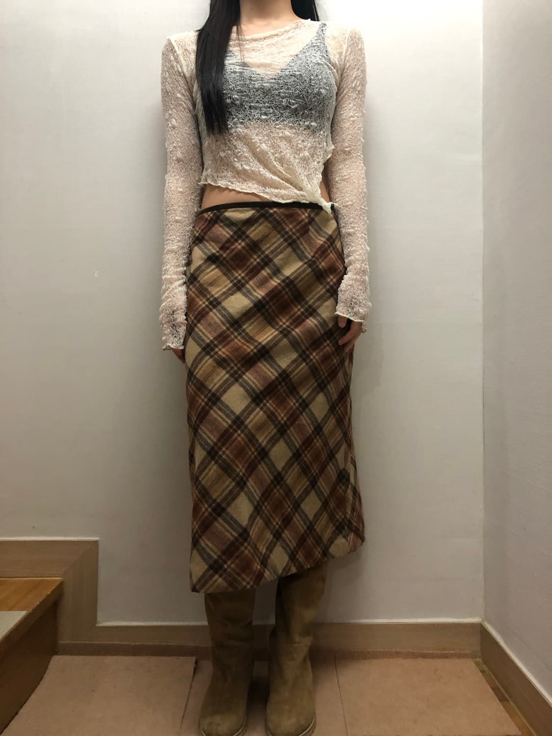 빈티지 브라운 울 체크 스커트 상품이미지7