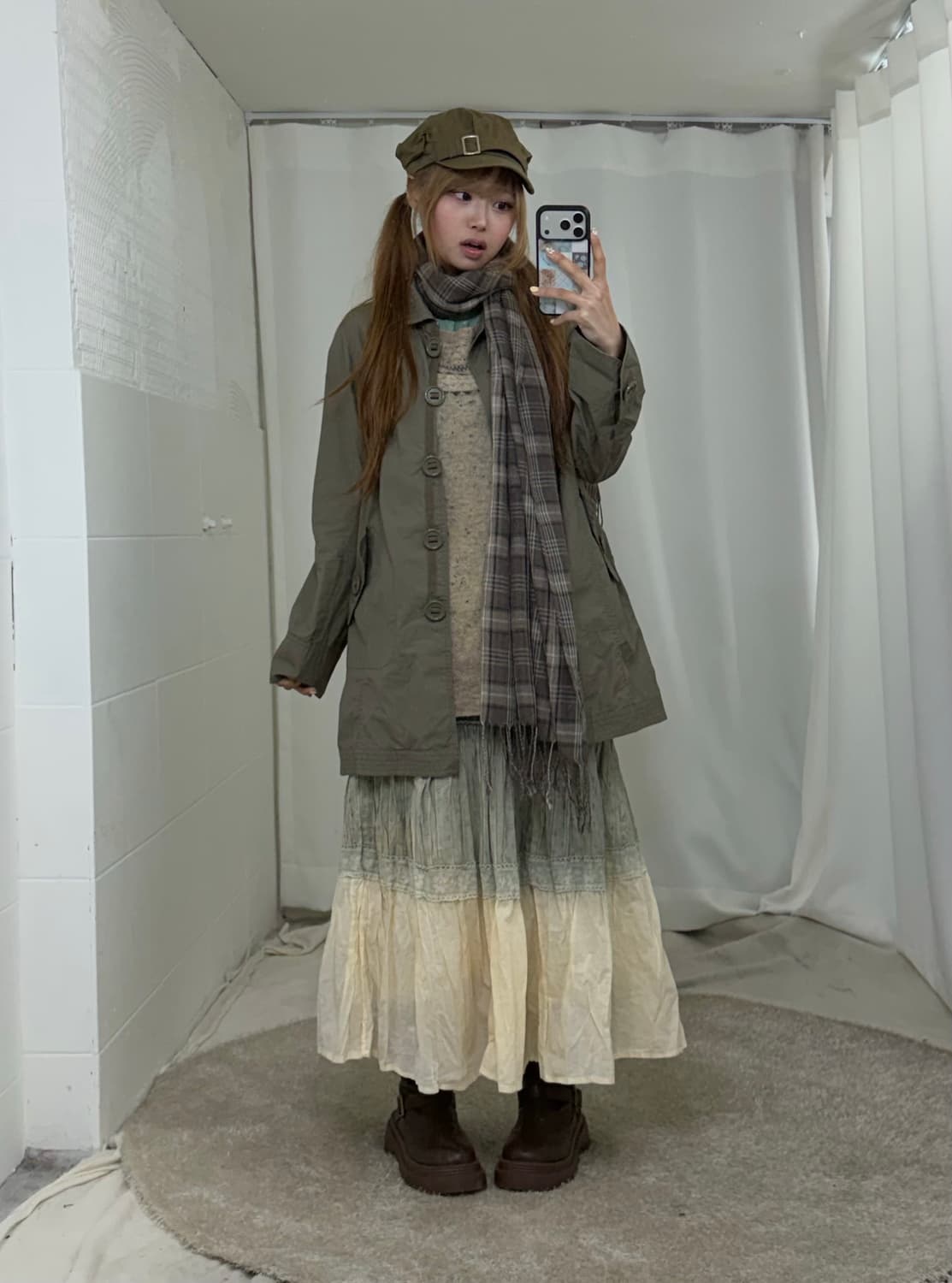 카키 민트 도트 하구미 모리걸 야상 코디세트 상품이미지1