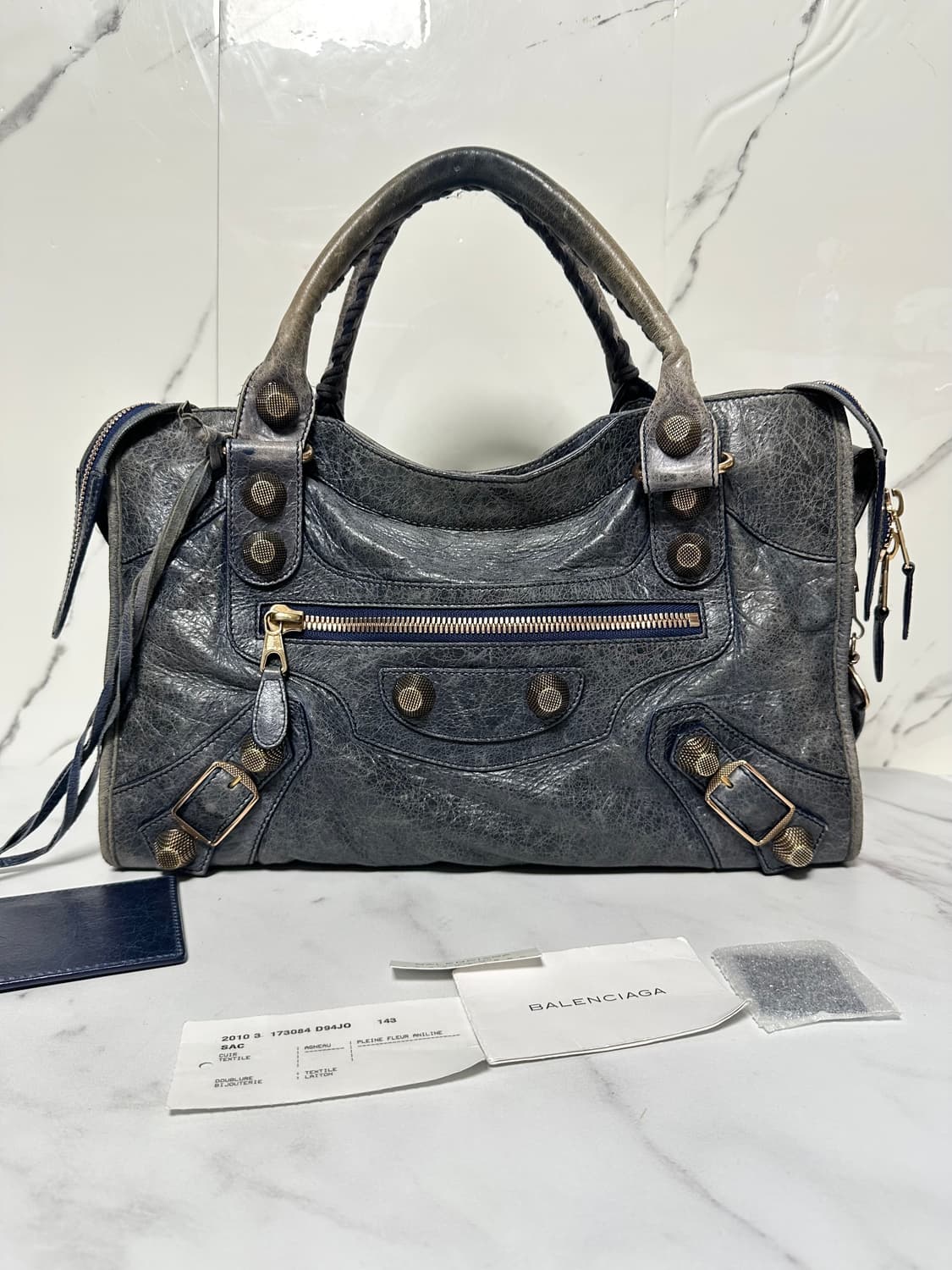 [A 정품] 발렌시아가 자이언트 시티 모터백 블루 카키그레이 상품이미지1