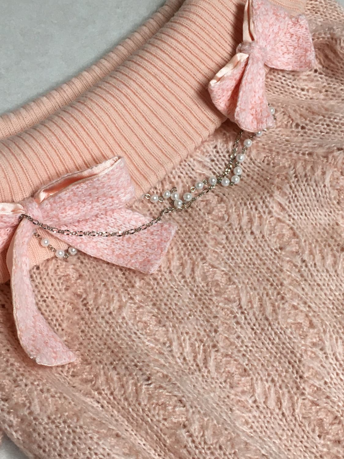 [교/판] 리즈리사 리본 진주 핑크 오프숄더 니트 라떼 히메 갸루 러블리 상품이미지2