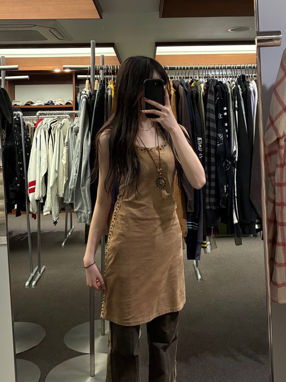 XS)Japanese vintage 구슬 크로셰 디테일 스웨이드 원피스 상품이미지2