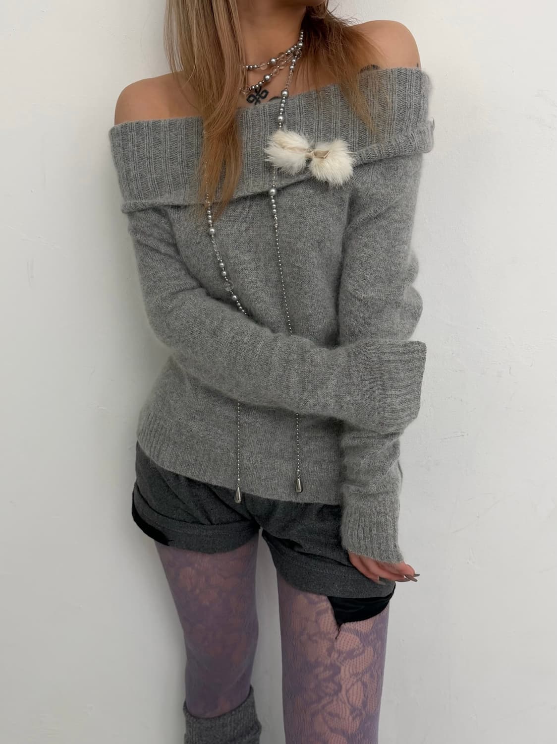 퍼 리본 오프숄더 니트  상품이미지2