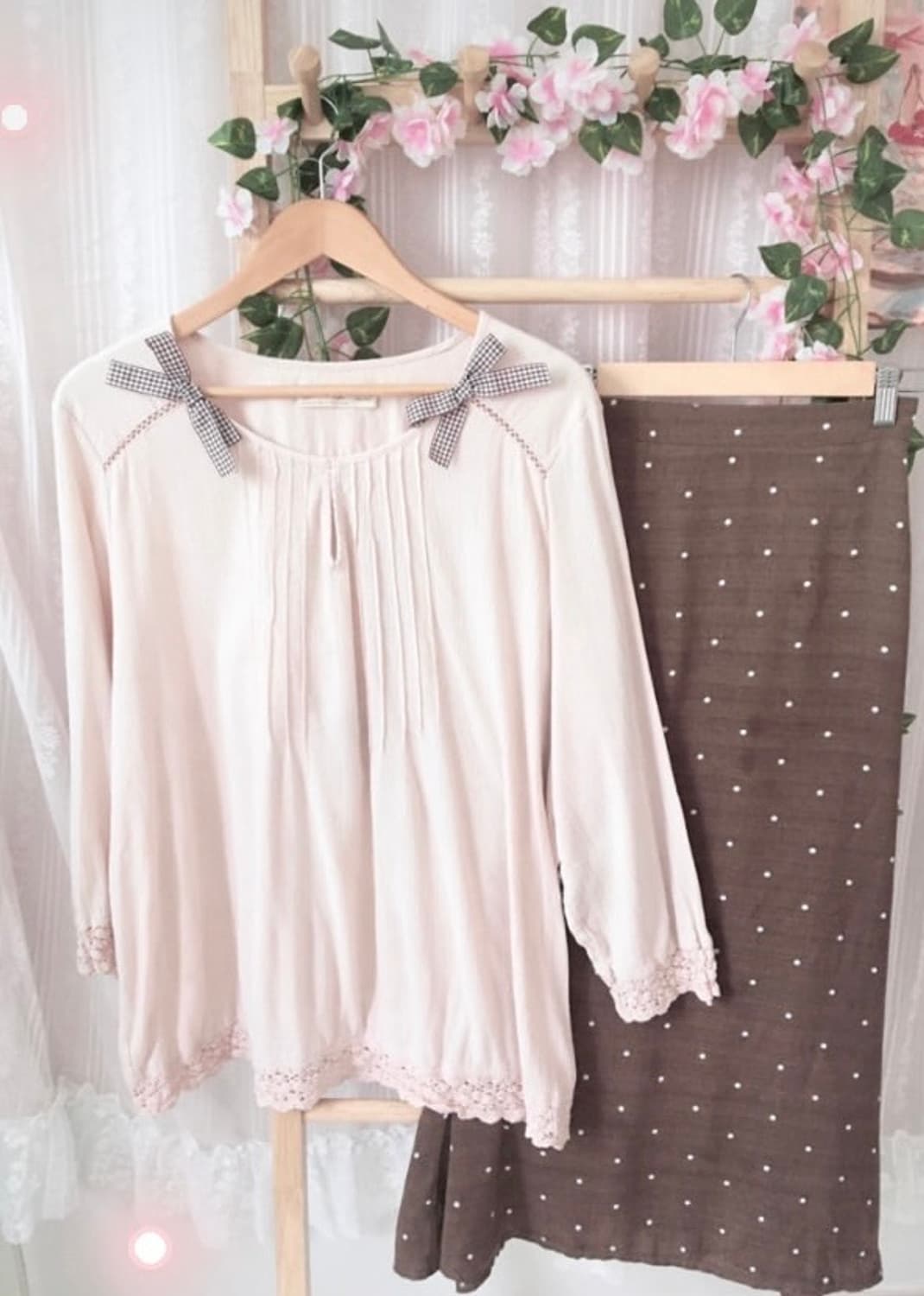 딸기초코 리본 블라우스 탑 스커트 세트 모리걸 페어리 갸루 로걀 빈티지 상품이미지1