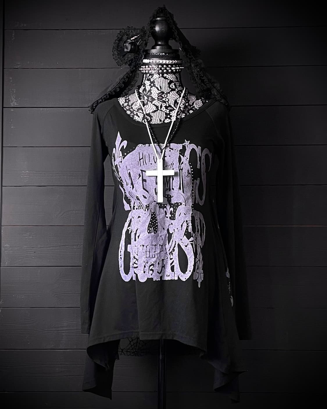 JPN 펑크 오픈 거미줄 레이스 퍼플 레터링 블랙 롱슬리브 상품이미지2