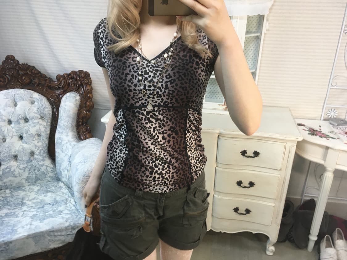 japanese vintage leopard shirring blouse 상품이미지1