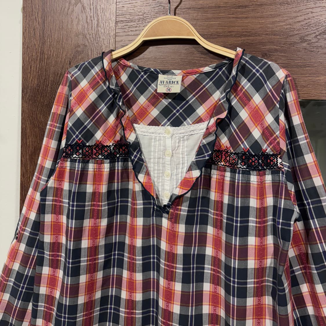 일본 빈티지 핀턱 레이어드 자수 체크 셔츠 블라우스 모리 너드 상품이미지3