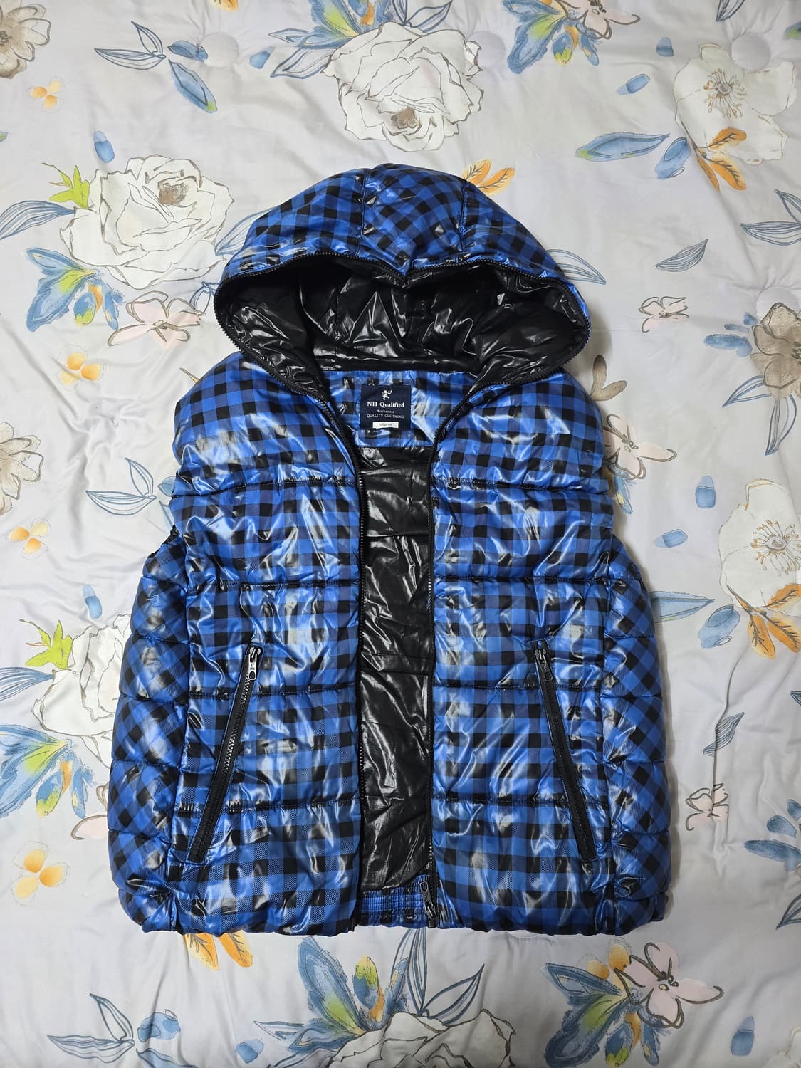 NII Qualified 블루 체크 후드 패딩 조끼 XL 상품이미지5