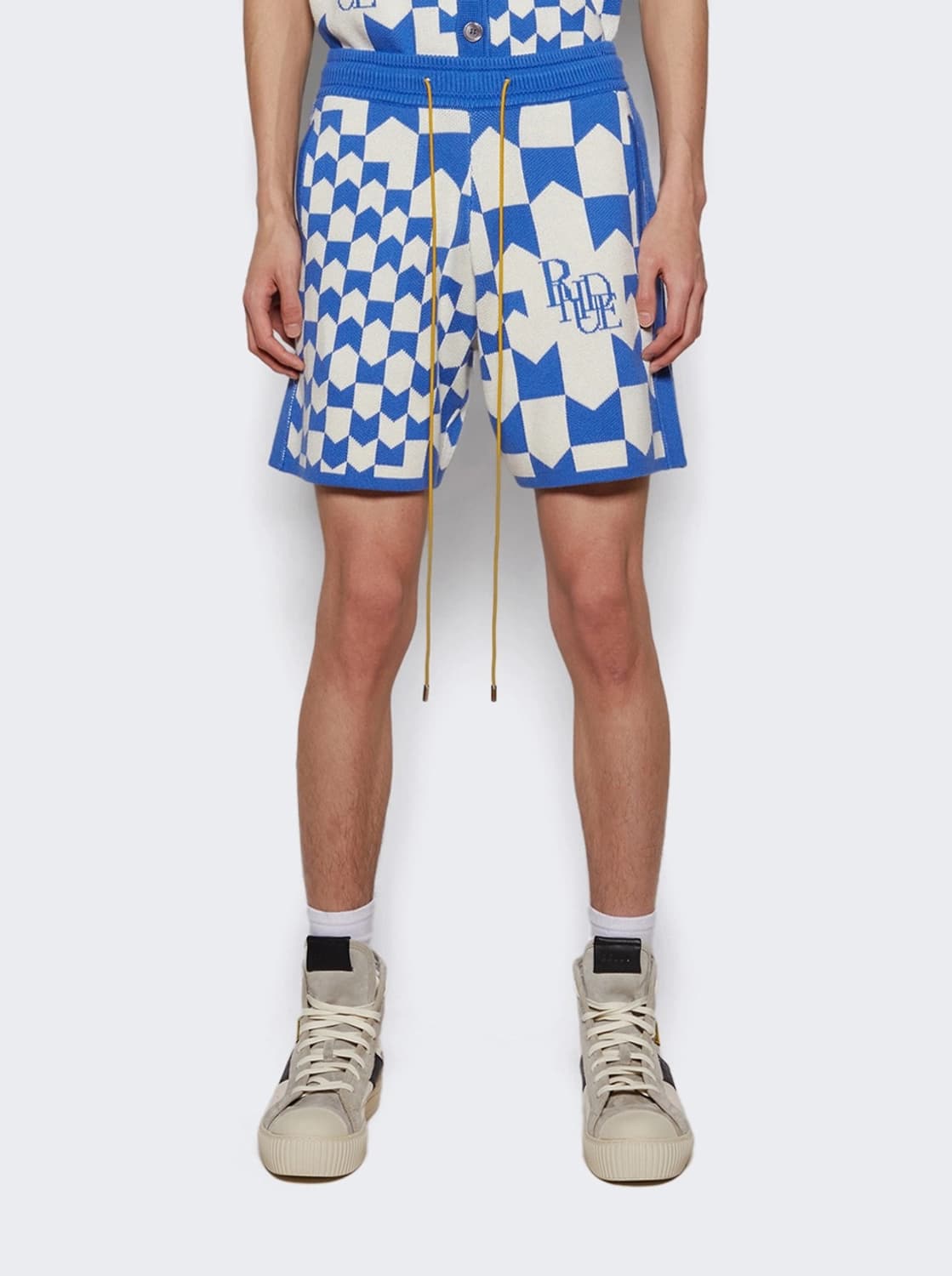 RHUDE 루드 레이싱 체커 면/캐시미어 니트 반바지 블루 S사이즈 상품이미지3