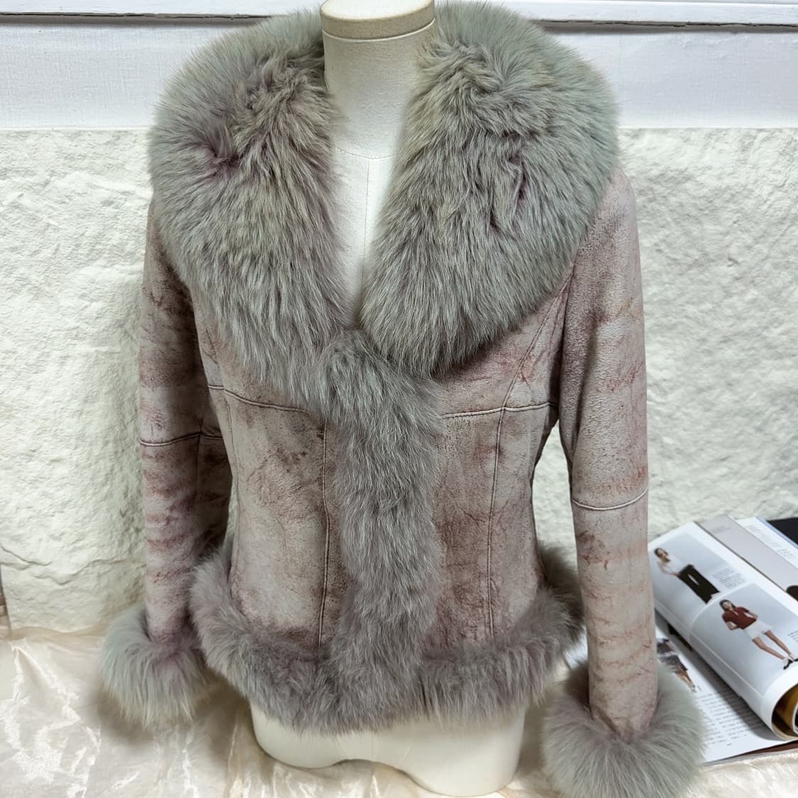 빈티지 연한 핑크 폭스퍼+안감토끼털 되지가죽자켓 무스탕 상품이미지1