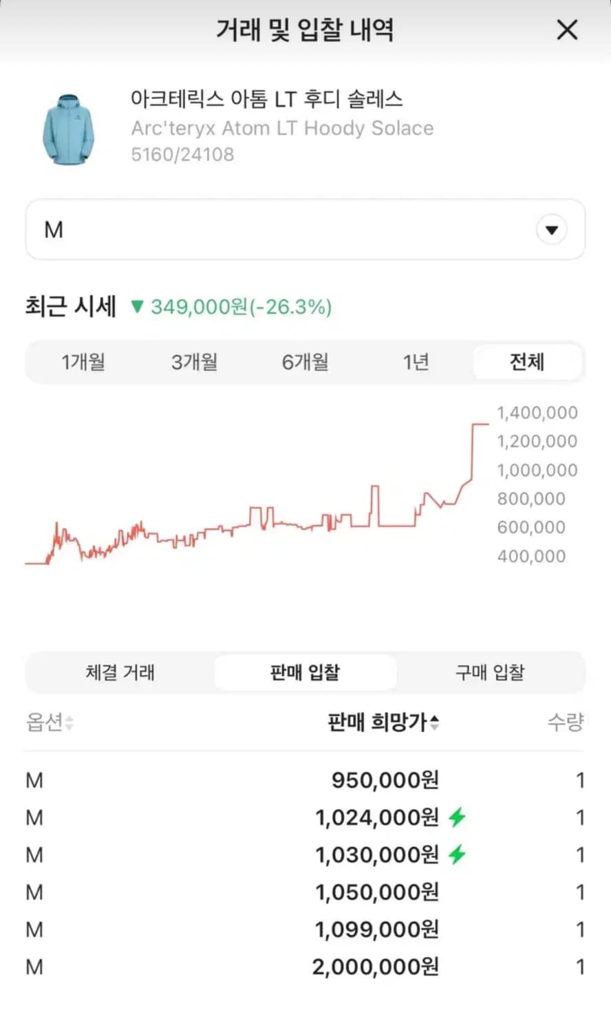 (SS급) 아크테릭스 아톰 LT 후디 솔레스 M 상품이미지2