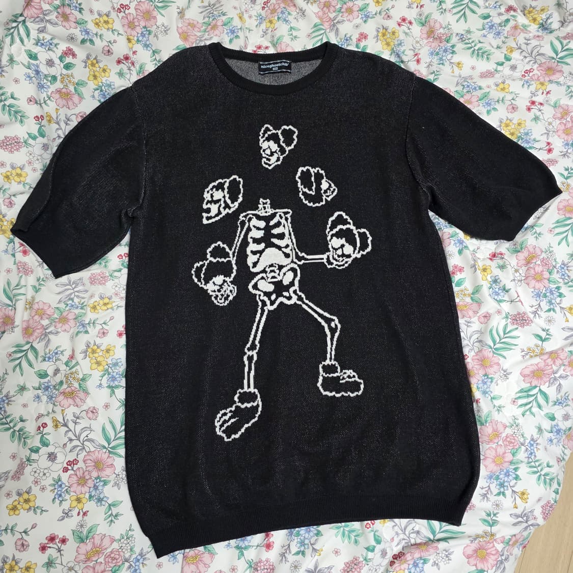 나이트고스트클럽)블랙스켈레톤 빈티지 오네갸루고스펑크메탈스컬 썸머반팔니트 상품이미지3
