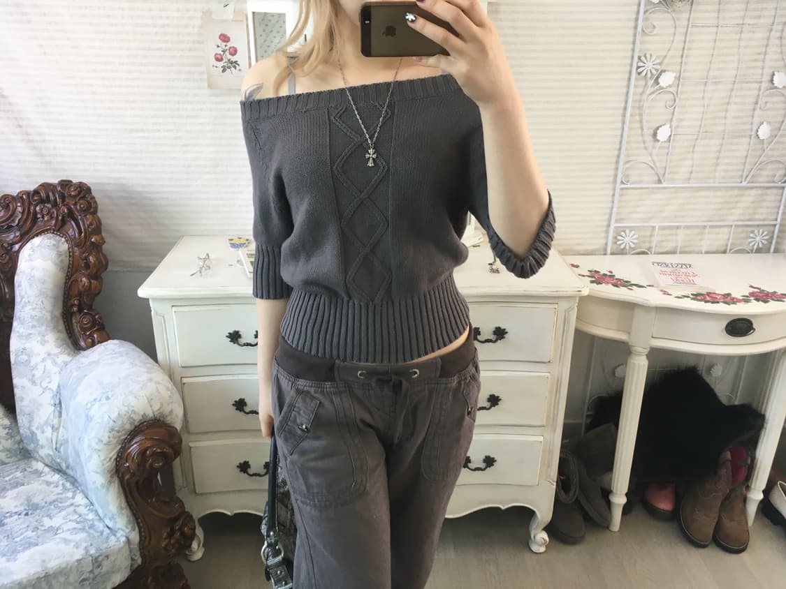 jpn vintage charcoal off-shoulder knit 상품이미지4