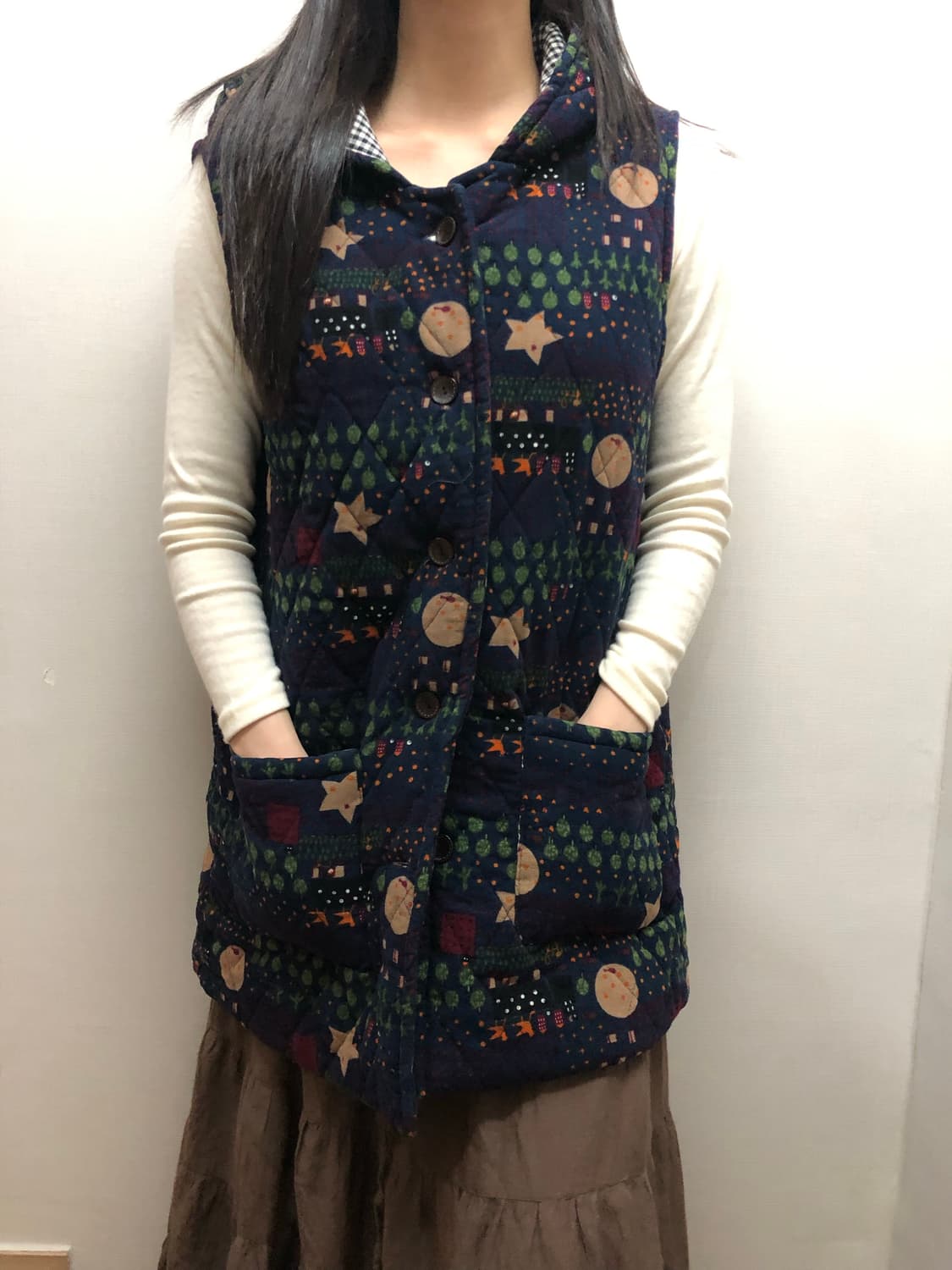 빈티지 네이비 모리걸 프린팅 베스트 패딩 상품이미지1