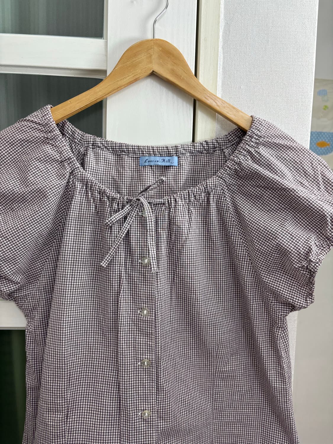 퍼플 체크 반소매 블라우스 상품이미지2