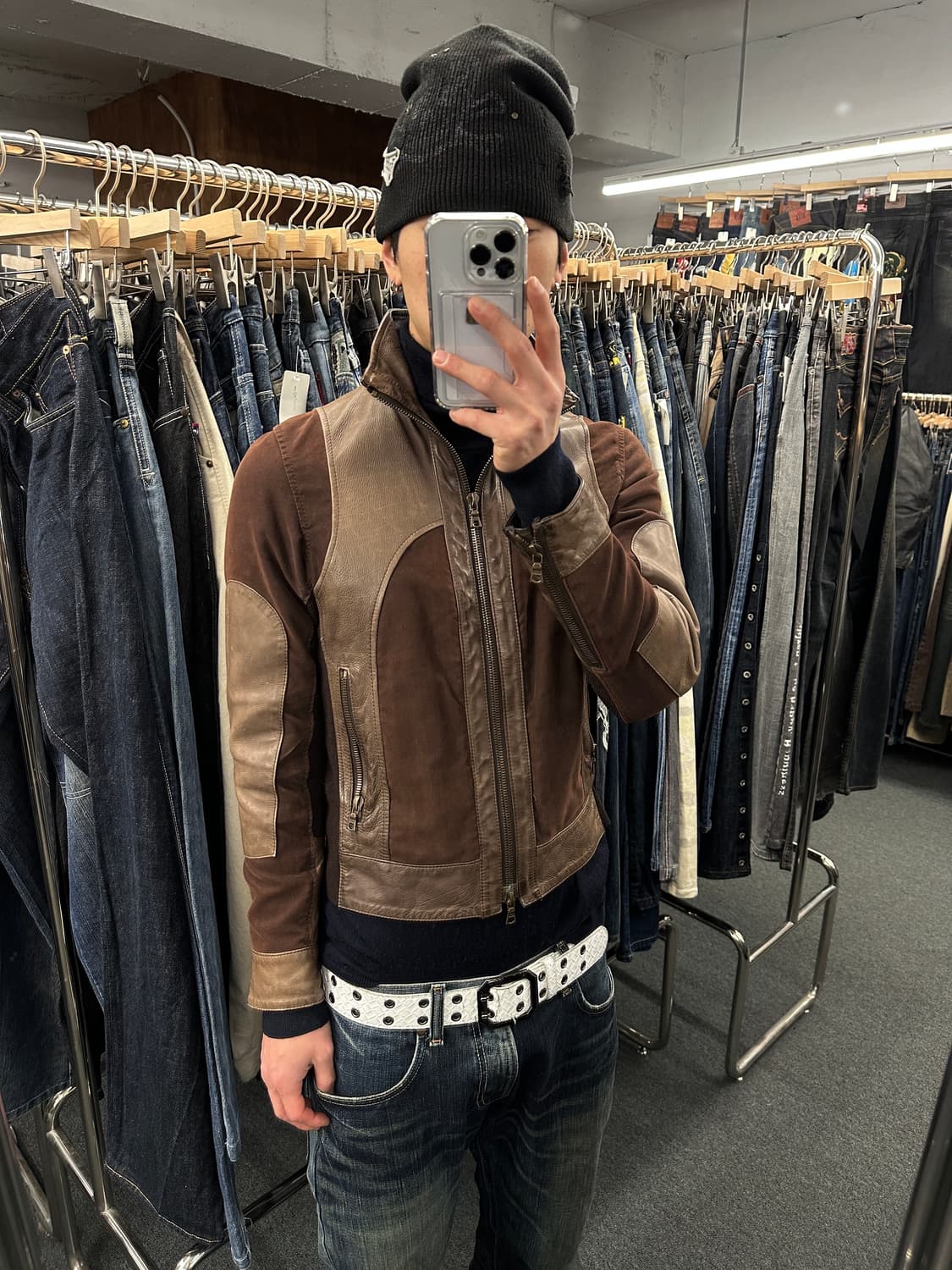 재패니즈 빈티지 니트 가죽자켓 브라운 상품이미지1