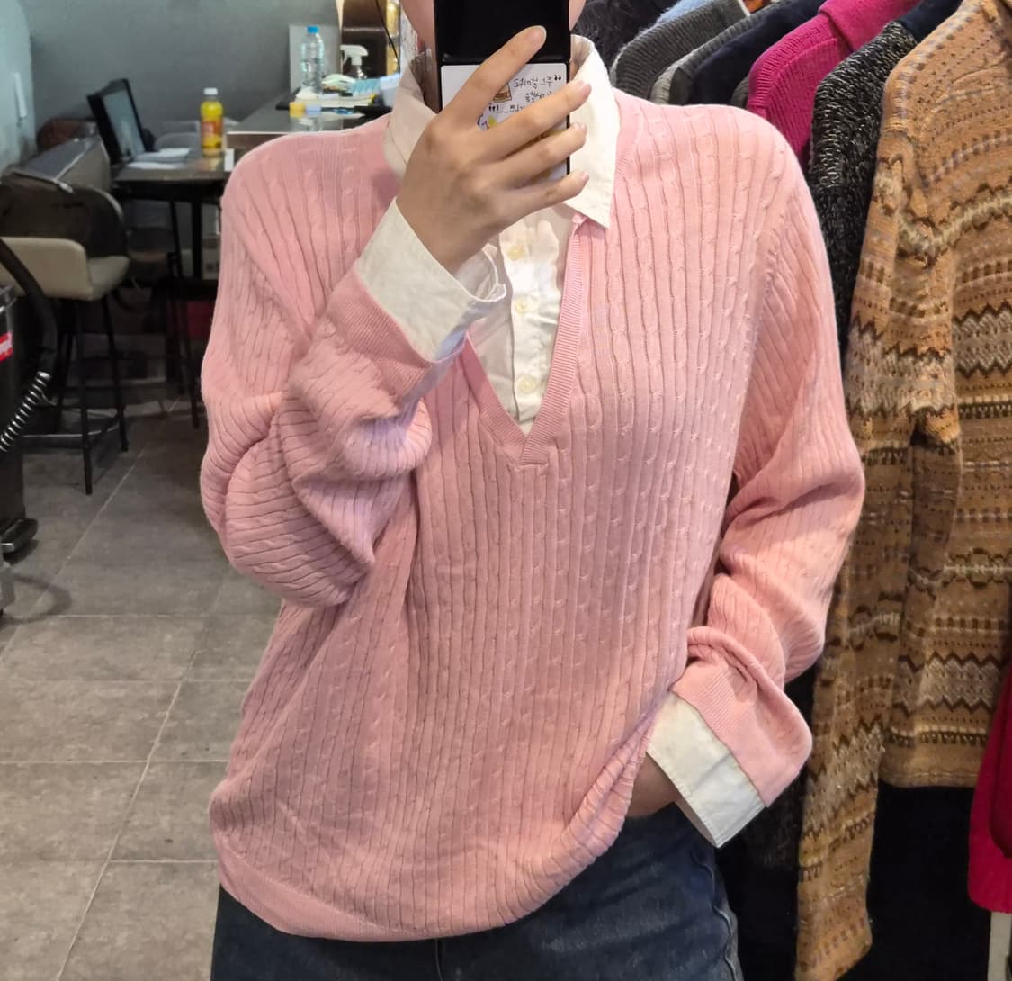 [NO.9] 로렌 연분홍 니트 셔츠 일체형 상품이미지2