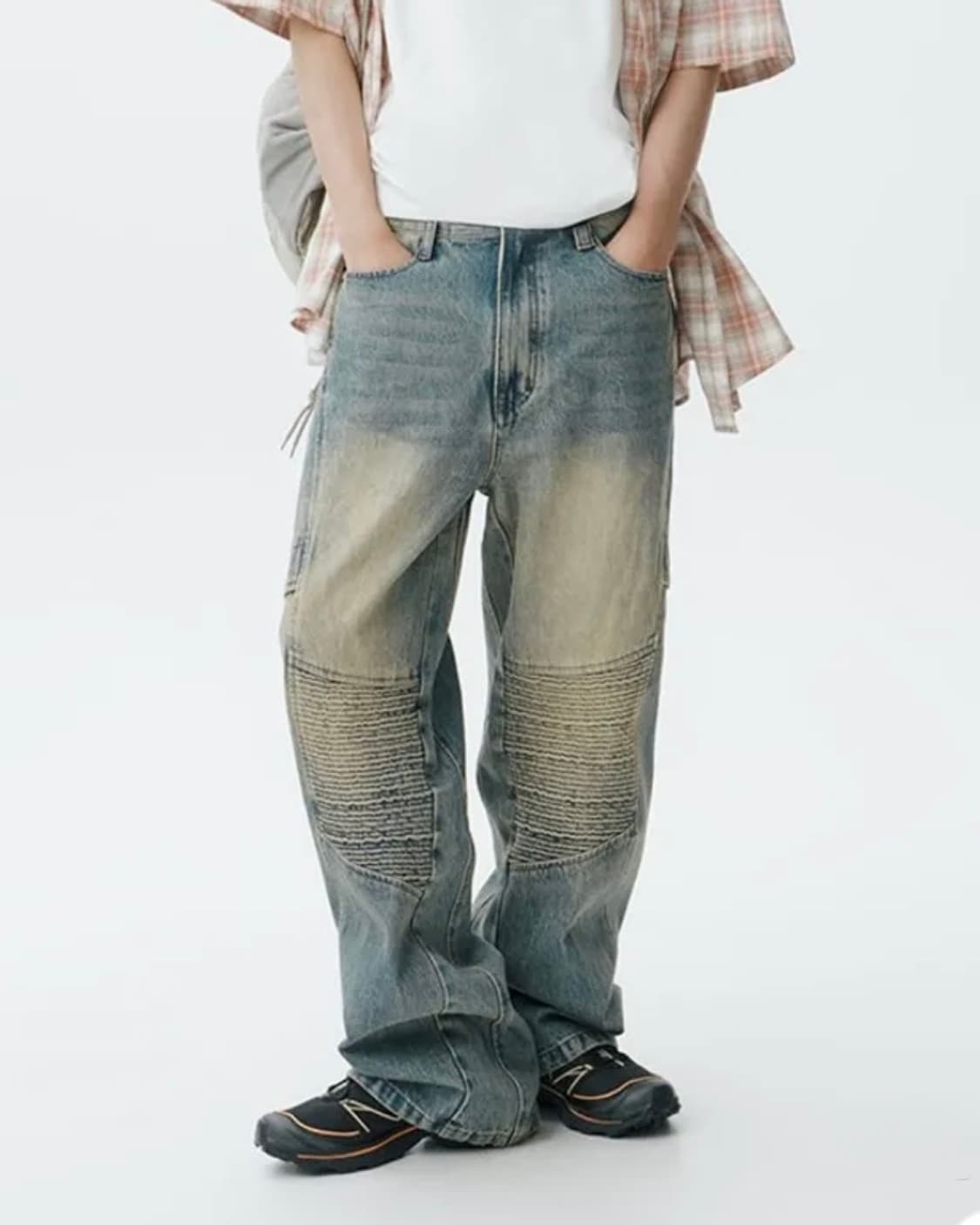 인템포무드 샌드 워싱 데님 바이커 워크 팬츠 커브드 와이드 절개 벌룬 L 상품이미지2