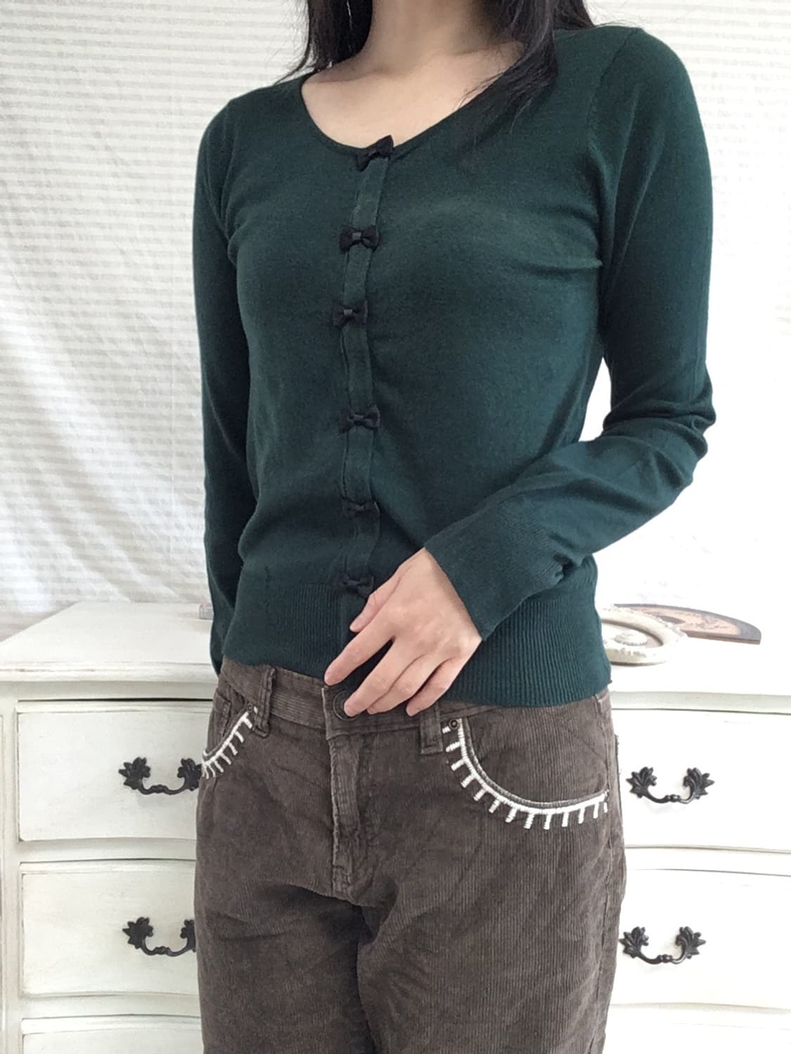 jpn vintage 딥 그린 리본 가디건 y2k 스트릿 갸루 펑키 상품이미지3