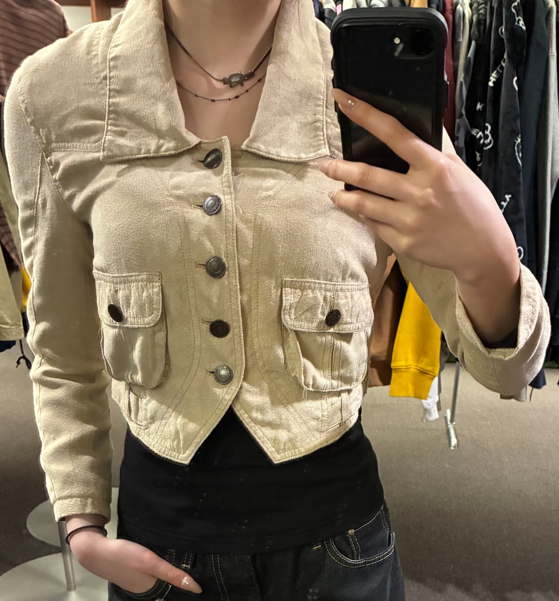 OS)LB-03 빈티지 여성 베이지 스웨이드 크롭 자켓 상품이미지1