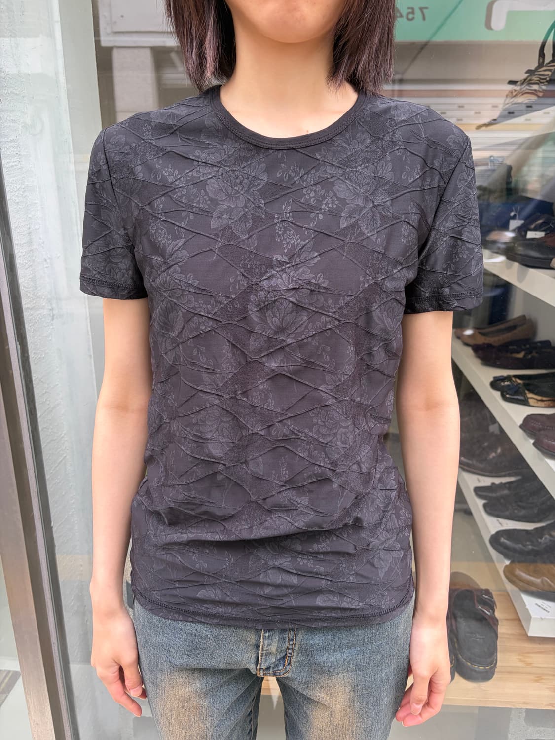 Huishang 플로럴 패턴 레이어드 반팔 티 M 상품이미지2