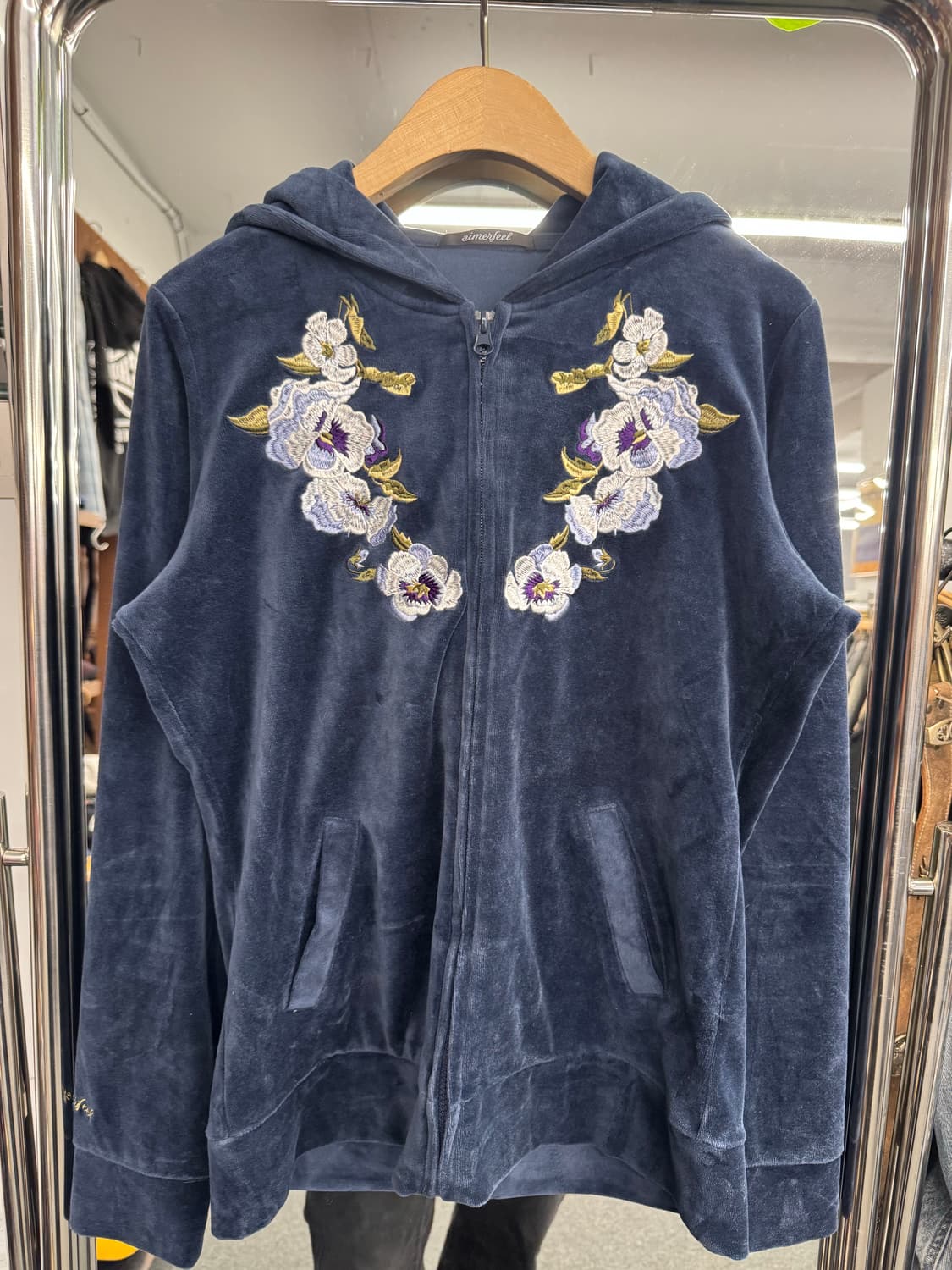 japanese vintage aimerfeel 꽃자수 벨벳 후드집업 상품이미지1