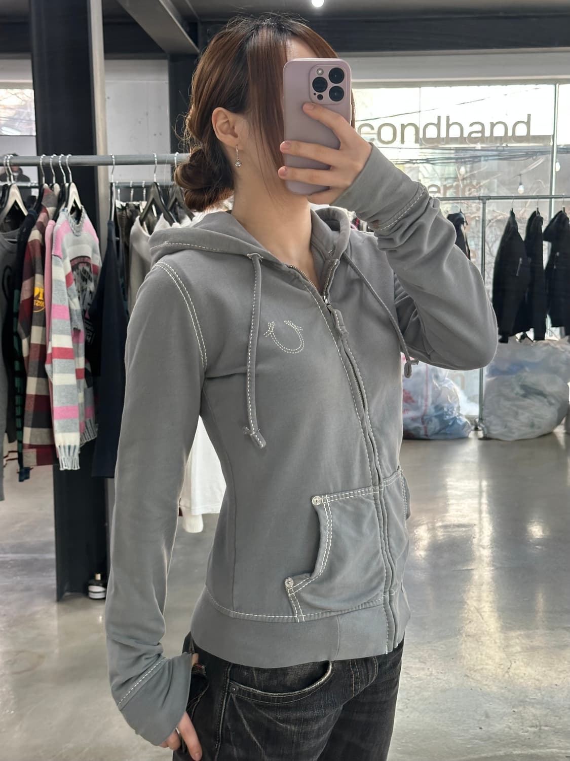 트루릴리전 스티치 워시드그레이 후드집업 상품이미지2