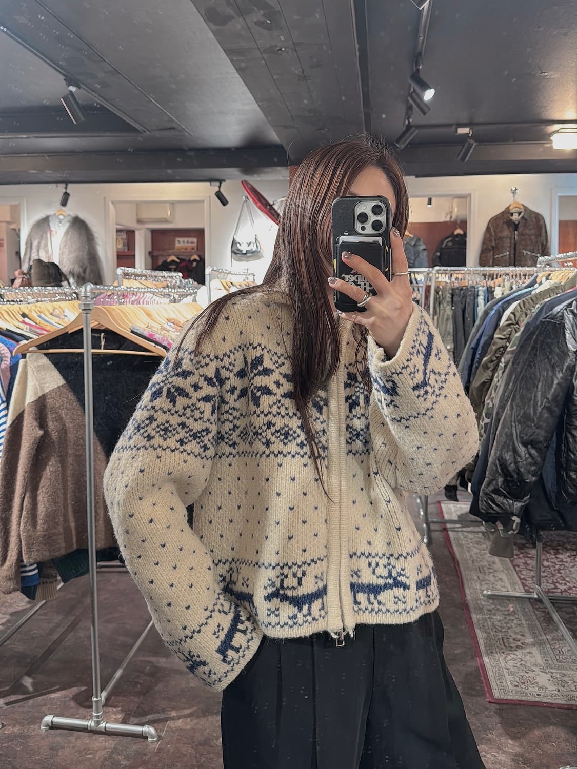 빈티지 노르딕 울 그런다 블루 패턴 니트 집업 가디건 F 상품이미지2