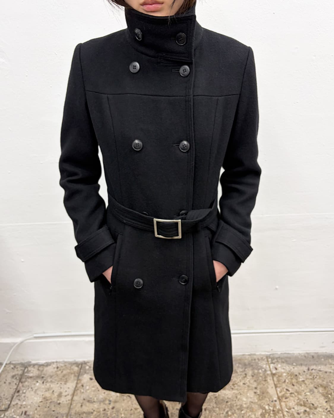 90s 프렌치 디자이너 벨티드 하이넥 더블 코트 상품이미지5