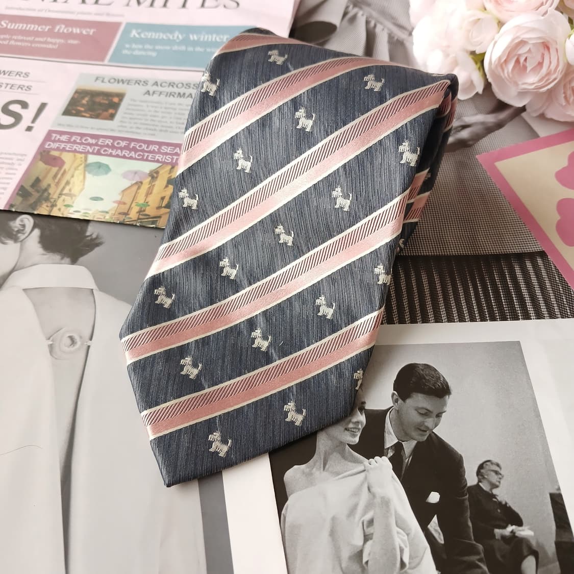 아쿠아스큐텀 스트라이프 강아지 자수 넥타이 9.4cm A등급 A19775 상품이미지3