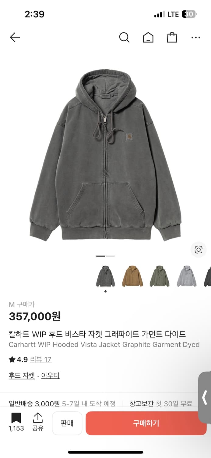 칼하트 WIP 후드 비스타 자켓 그래파이트 가먼트 다이드 상품이미지1