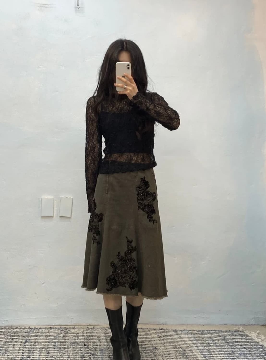 [1456]Khakibrown denim floral lace skirt 상품이미지3