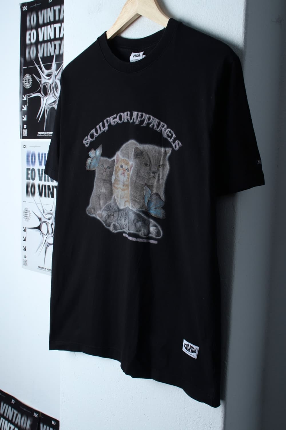 W(M-XL) 스컬프터 반팔 티셔츠 Y2K 고양이프린팅 블랙-H31190 상품이미지1