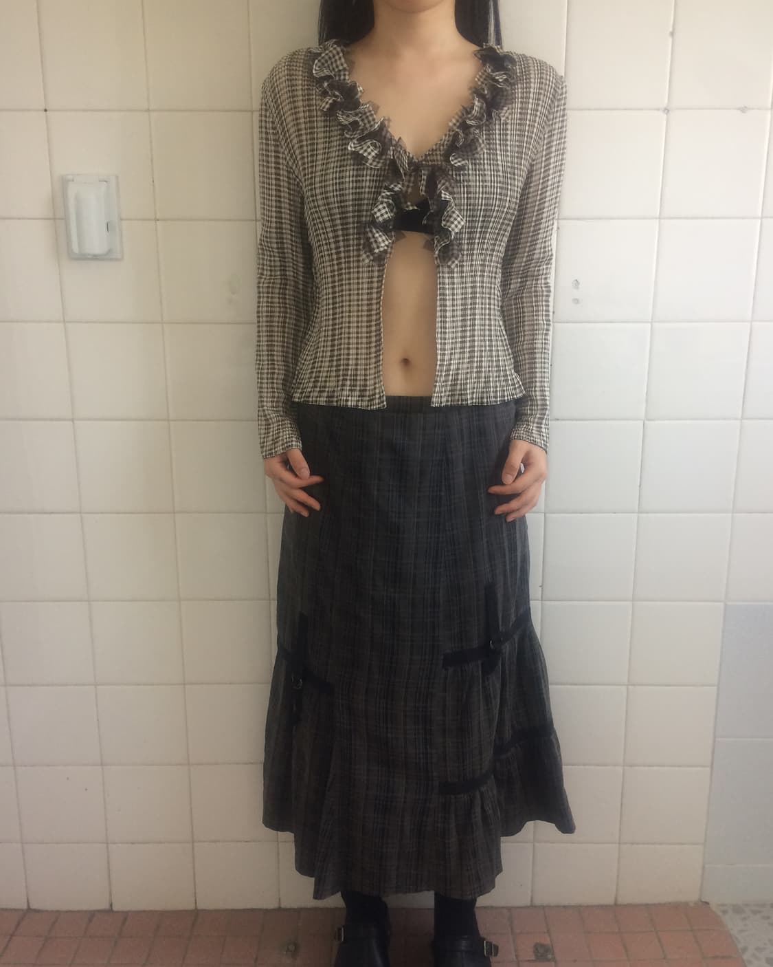 Ruffle point check pattern pleats cardig 상품이미지5