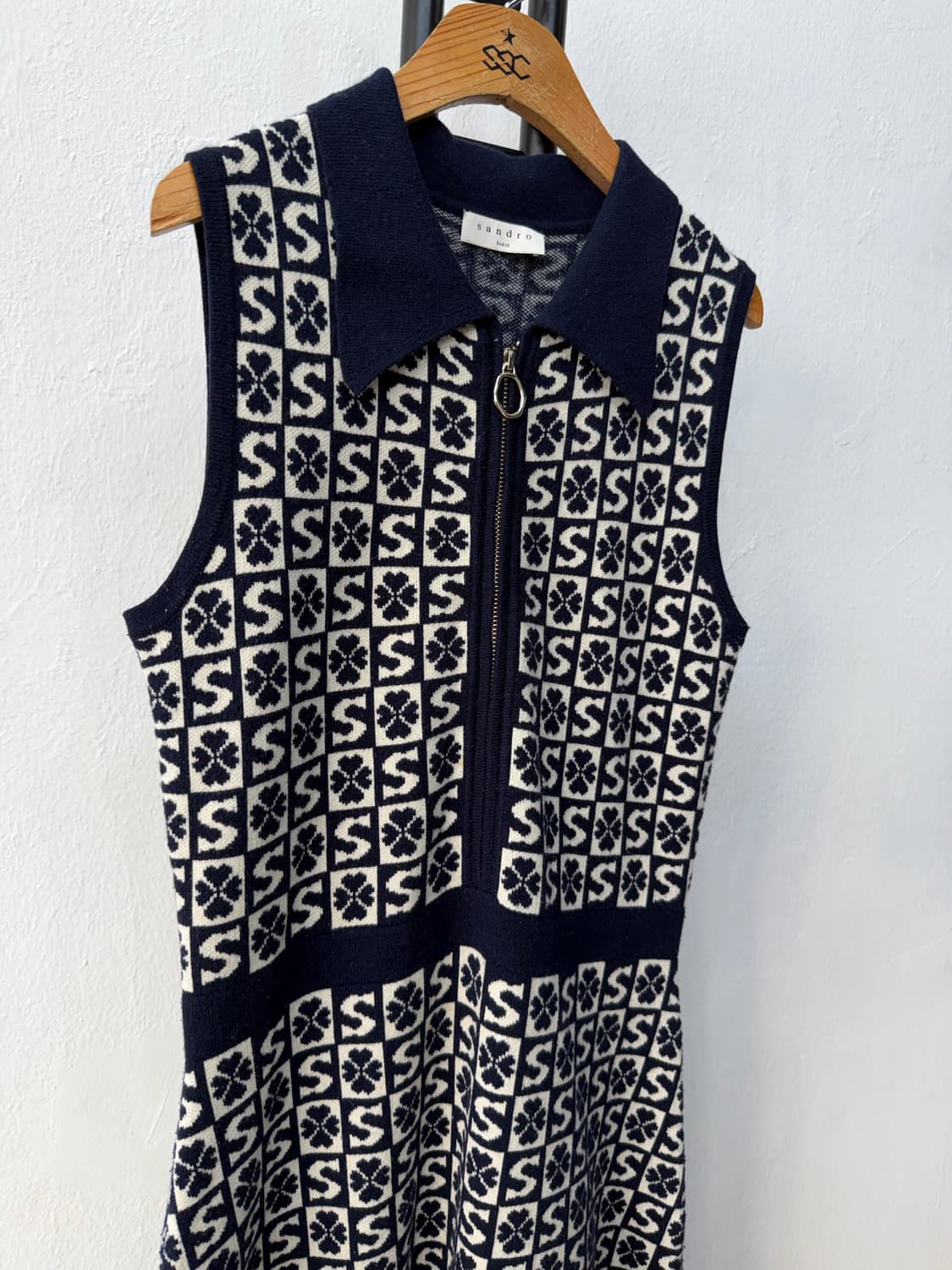 정품) 산드로 자카드 니트 원피스 네이비 38 상품이미지2