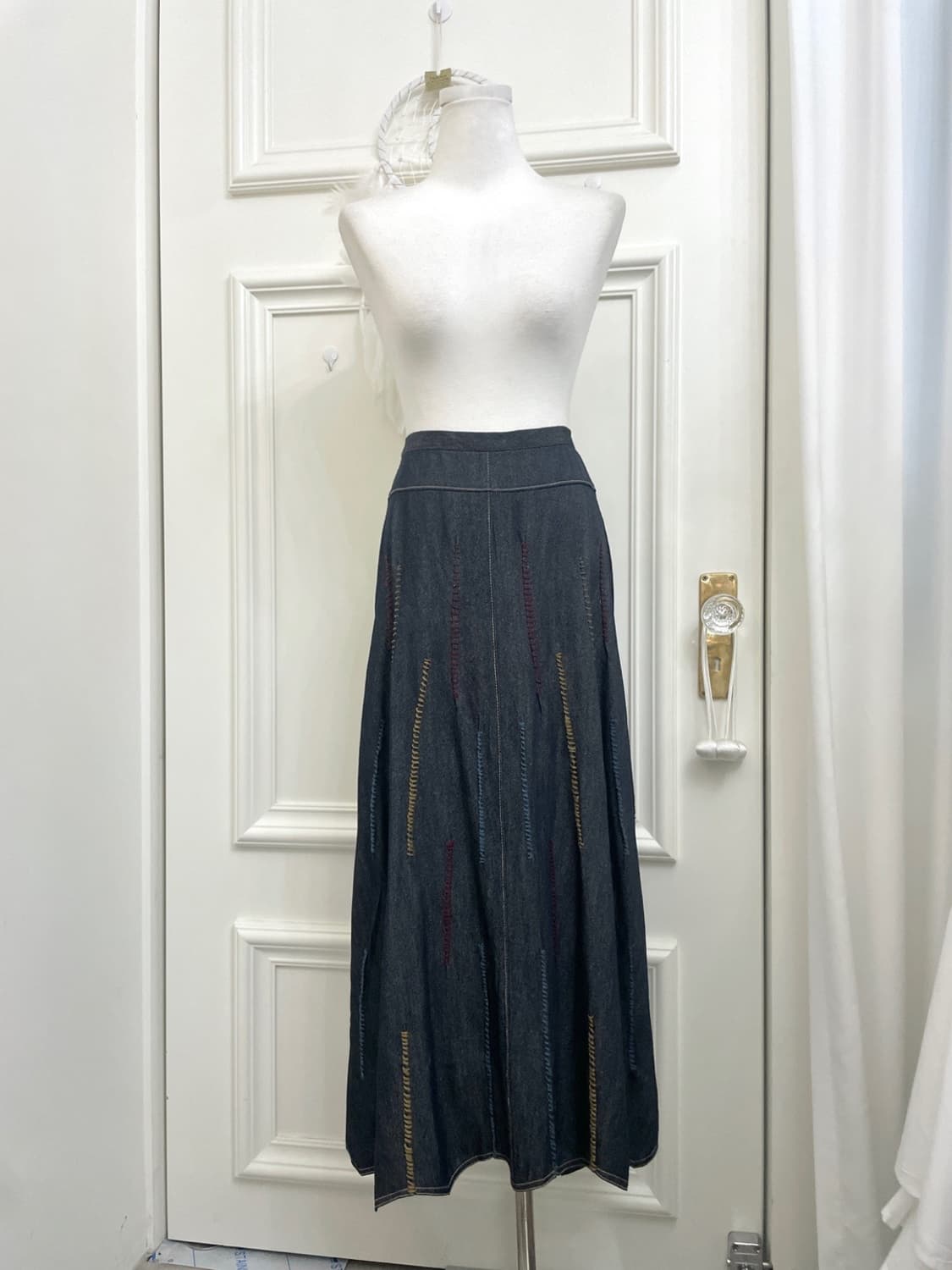 denim flare embroidery point long skirt 상품이미지1