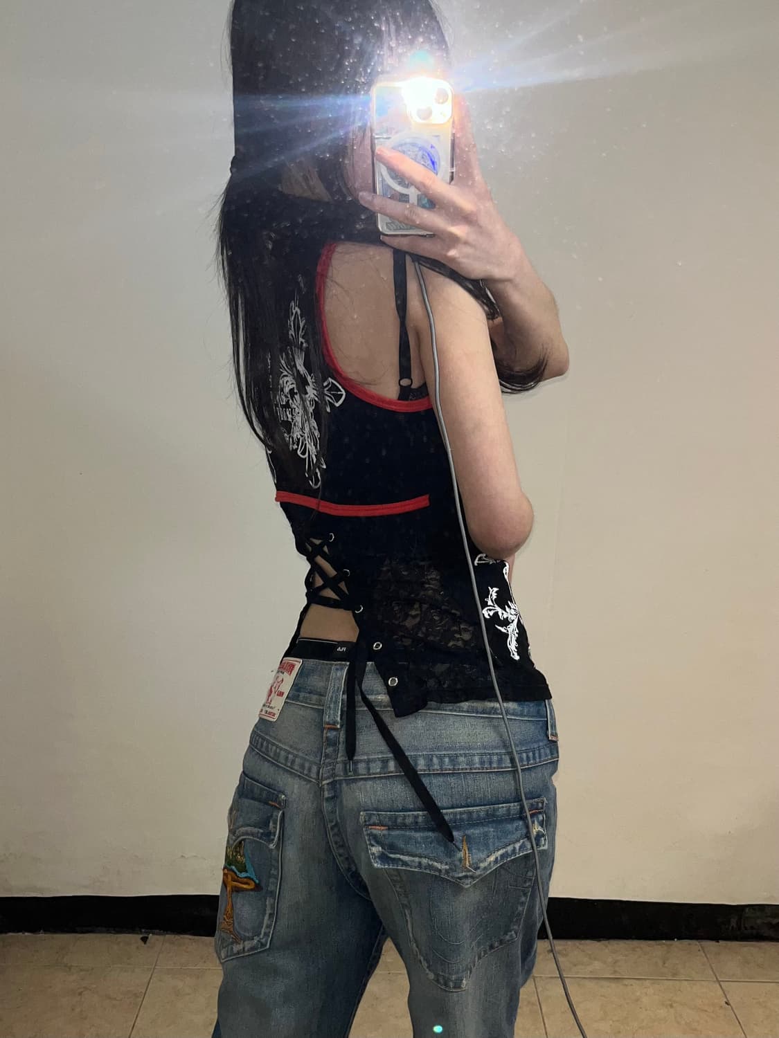 펑크 프린팅 백 레이스 업 슬리브리스 상품이미지4